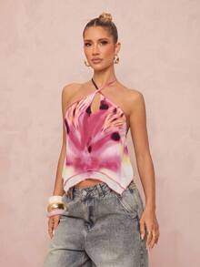 Lumalex Pink Abstract Floral Print Halter Crop Top Crisscross Neck Tie Back Layered Chiffon Overlay Asymmetric Hem And Lettuce Edge Trim Perfect Summer Top - Multicolor - View 11