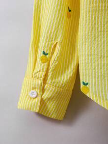 SHEIN 青少年女孩黃色條紋鳳梨刺繡長袖襯衫，甜美夏季日常款，適合上學、日常休閒、度假、購物，春夏季穿著 - 黃色 - 查看 7