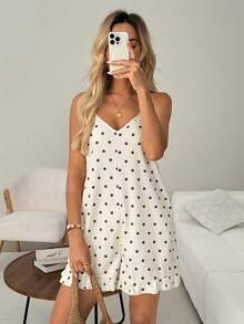 SHEIN LUNE Damen Lässig Polka Dot Sommer Urlaub Pendeln Alltag Basic Mode Ausgehen Outfit Ärmellos Spaghettiträger Jumpsuit - Gelb - Übersicht 5