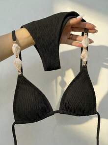 Swim Vcay Solid Color Textured Fabric, Shoulder Strap Stone Accessory Decoration, Waist Side Tie, Elegant Sexy Vacation Women's Swimsuit Set Beach Black Summer - Black - View 1