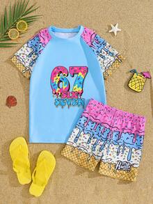 Tween Boy Digital Print Raglan Short Sleeve Top And Shorts Casual Swimsuit Set - Green - View 8