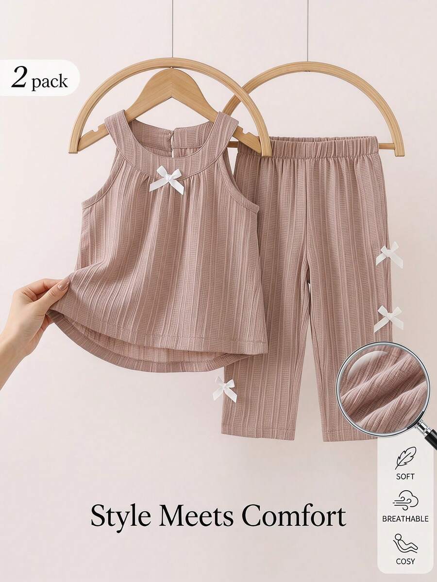 SHEIN Vintaside Kids 2件組女嬰灰粉色夏季可愛家庭套裝 羅紋針織無袖背心上衣&寬腿長褲 嬰幼兒波希米亞風生日穿搭 - 卡其色 - 查看 1