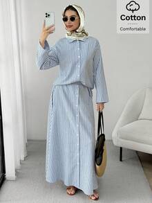 Solavon Women's Blue And White Striped Dropped Shoulder Long Sleeve Single-Breasted Shirt And Skirt Casual Modest Two Pieces Set Vacation - Blue and White - View 2