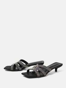 CUCCOO HITCHD Sepatu Wanita Berhiaskan Berlian Imitasi, Ujung Persegi, Model Kitten dan Sepatu Kasual, Sandal Hak Tinggi Satin Hitam untuk Kencan, Minum Teh Sore, Musim Panas - Hitam - View 3
