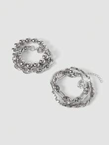 MortiRose Set Gelang Rantai dan Manik-Manik Tebal Berlapis Desain Koin Kuno Minimalis Berlebihan Bergaya Vintage 5 Buah, Cocok untuk Kencan, Liburan, Pemakaian Sehari-hari, Pesta, dan Hari Raya. - Perak - View 6
