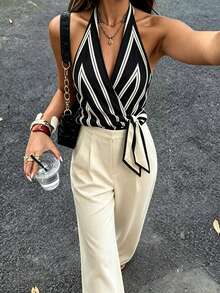 SHEIN EMERY ROSE BreezayaWomen's Elegant Striped Top & Wide-Leg Suit Pants Set, Suitable For Commute, Office Wear, Social Occasions And Business Formal Wear - Multicolor - View 5