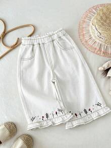 LMoss Kids Baby Girls' Floral Embroidery Loose Khaki Denim Pants - White - View 10