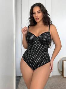 SHEIN SXY 大尺碼女款圓點印花時尚百搭細肩帶連身泳衣 - 黑色 - 查看 8