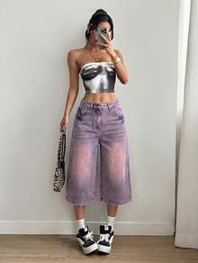 SHEIN EZwear Women's Casual Versatile Denim Shorts With Pockets And Buttons For Daily Outings - Purple - View 7