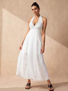 SHEIN Uhlyne Women's Hollow Lace Patchwork Full Skirt Long Elegant Romantic Tropical Party Vacation Dress, White Halter Neck Tie, Wedding Guest Beach Outfit Summer - White - View 7