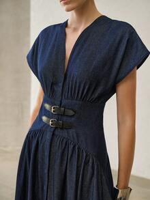 MOTF PREMIUM WOMEN'S BUCKLE DETAIL WAIST-CINCHING DENIM DRESS - Navy Blue - View 1