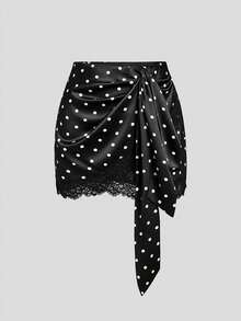 Sweetra Falda de mujer elegante para ir a la oficina, estilo vintage americano romántico de primavera/verano, con lunares, satén, lazo, dobladillo asimétrico y ribete de encaje - Negro - Ver 1