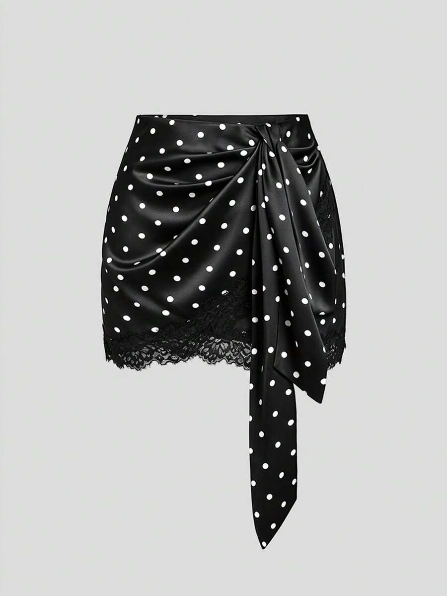 Sweetra Falda de mujer elegante para ir a la oficina, estilo vintage americano romántico de primavera/verano, con lunares, satén, lazo, dobladillo asimétrico y ribete de encaje - Negro - Ver 1