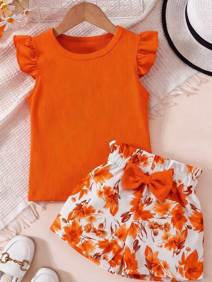 SHEIN 少女純色圓領短袖T恤與花卉印花短褲休閒兩件套
