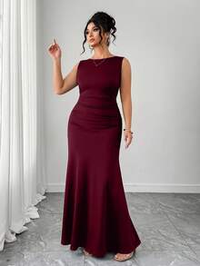 Elenzga Women's Elegant Dress, Sleeveless Round Neck A-Line Silhouette, Ruched Waist Design, Solid Color Knit Fabric - Red - View 6