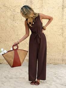 SHEIN Frenchy Women's Solid Color Round Neck Back Contrast Lace Sleeveless Elegant Jumpsuit - Coffee Brown - View 5