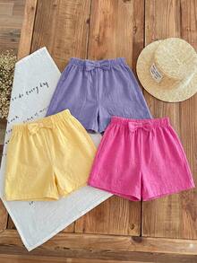 SHEIN LMoss Kids LMoss Young Girl's 3pcs Casual Summer Set: Woven Soft Dual-Layered Gauze Ruffle Shorts With Elastic Waist, Solid Color, Versatile And Breezy - Multicolor - View 5