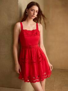 MOTF PREMIUM WOMEN'S PATCHWORK HOLLOW LACE TIE WAIST CAMI DRESS - Red - View 6