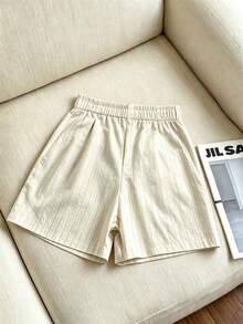 SHEIN Franclia Casual Versatile Commuting Everyday Decor Black And White Striped Vertical Striped Shorts/Wide Leg Pants/Bermuda Pants, Spring/Summer - Beige - View 2