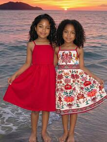 SHEIN Elladie kids 2件組女孩復古碎花印花細肩帶洋裝套裝，優雅2件式A字擺陽光裙，柔軟親膚面料，波西米亞刺繡風圖案，純紅色休閒派對穿搭，適合度假野餐校園旅遊生日日常穿著，百搭輕盈飄逸層次裙，兒童女孩適用 - 紅色 - 查看 5