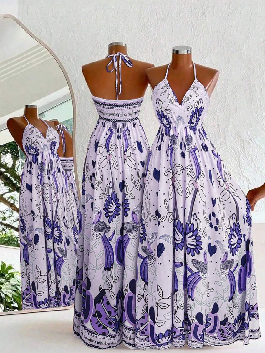 Lalippa Women's Spaghetti Strap Tie Backless Floral Print Ruched Elegant Waist Maxi Slip Dress For Party - Purple - View 1