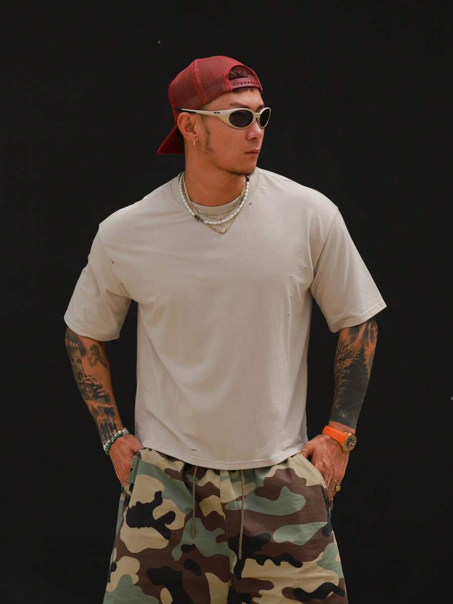 DAZY Apricot Short Sleeve Solid Color Distressed Cropped Street Style Men's T-Shirt Summer - Apricot - View 1