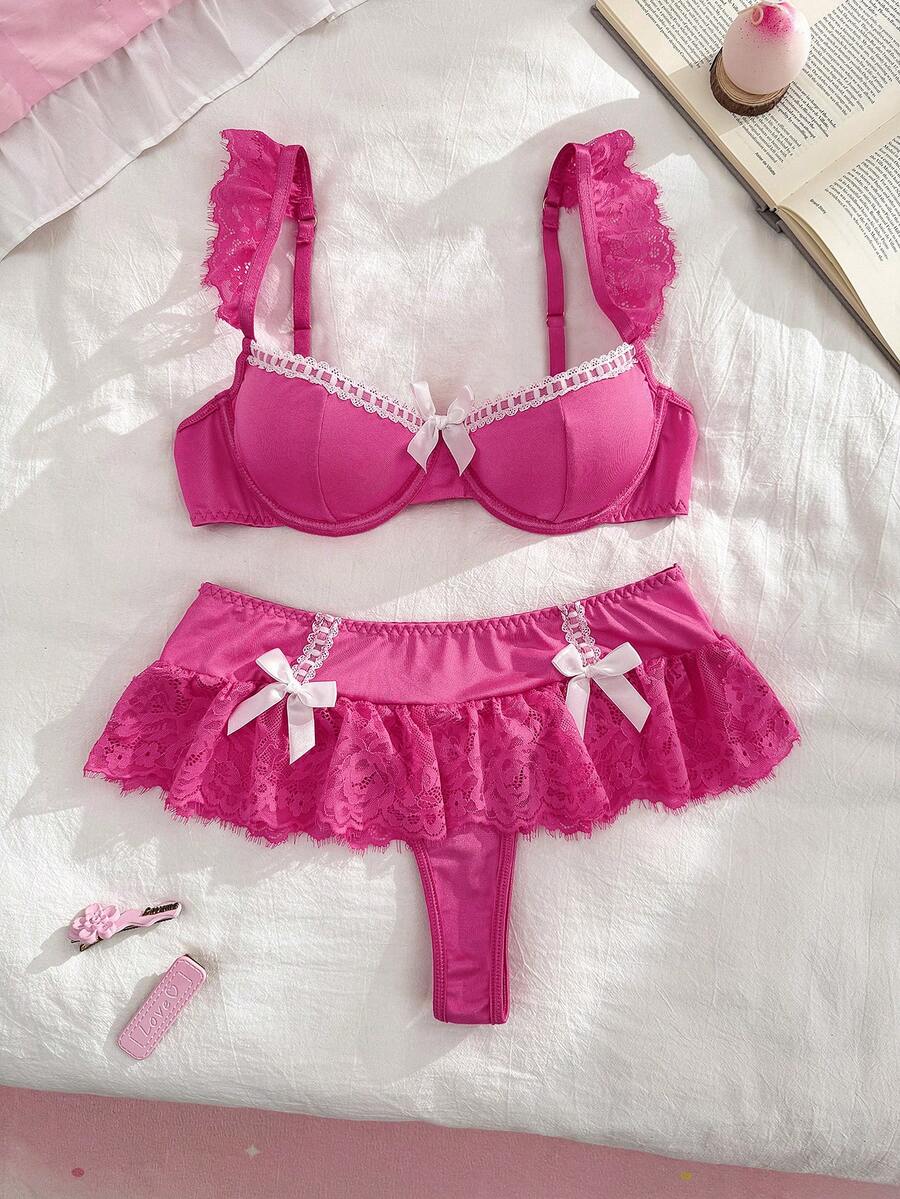 FairyFlirt 蕾丝拼接女士内衣套装(女士文胸和低腰迷你裙式丁字裤两件套) - 玫紅色 - 查看 1