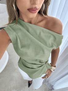 Siren Gaze Women's Solid Color Asymmetric Shoulder Pleated Casual Versatile Daily Outing Top - Mint Green - View 2