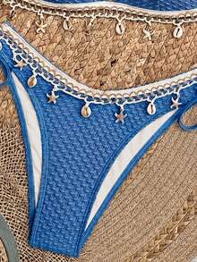 Swim Vcay Set Bikini Wanita Springbreak Warna Solid dengan Motif Tekstur, Atasan Bikini Model Halter Neck dan Bawahan Segitiga, Cocok untuk Liburan Musim Panas dan Pesta Pantai. - Royal Blue - View 4