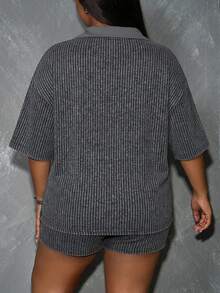 Slaydiva Plus Size Summer Casual Smart Casual Short Sleeve Top And Shorts 2 Pieces Set Workwear Gray - Multicolor - View 2