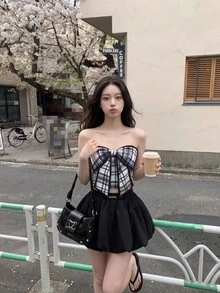 SHEIN MOD Grid Pattern Strapless Top With Bow Decoration - Black and White - View 2