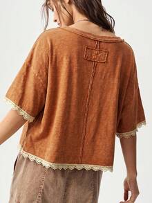 Bohemela Casual Solid Color Knit Round Neck Short Sleeve Loose Washed Women's T-Shirt - Orange - View 7