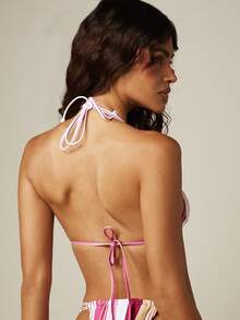 MISSGUIDED Braga de bikini a rayas con corte de tanga, cintura fruncida de tiro bajo, traje de baño de verano para playa y piscina - Rosa - Ver 3