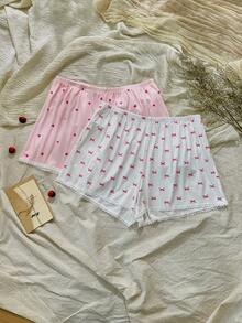 CottageSlumber Plus Size Women's Silk Lace Pajama Pants, Spliced Lace Bow Heart Print, 2pcs Shorts Set - Multicolor - View 4