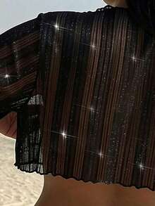 Slaydiva Baju Penutup Pantai Seksi untuk Liburan, Lengan Pendek Asimetris Warna Putih untuk Wanita Ukuran Plus - Hitam - View 4