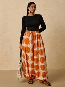 Travachic Plus Size Women's Sun Print Waist Tie Loose Cuffed Long Pants - Multicolor - View 6