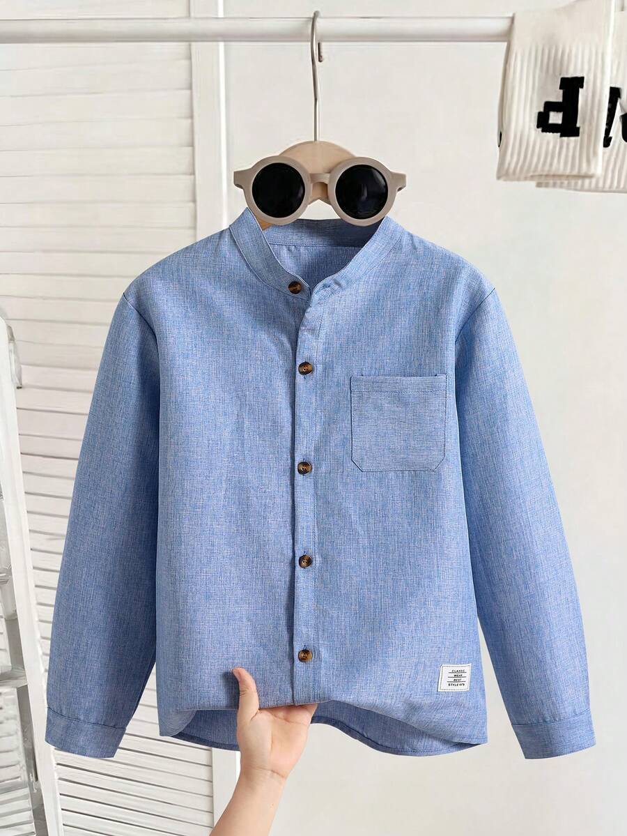 Casuvi Kids 1件極簡休閒純色立領開襟長袖襯衫,舒適面料,貼身剪裁,適合正式場合與度假休閒,多季節百搭 - 藍色 - 查看 1