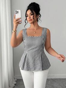 Elenzga Plus Size Women's Spring/Summer Fashion Elegant Commuter Square Neck Waist-Cinched Tie-Up Striped Print Camisole Tank Top - Black and White - View 3