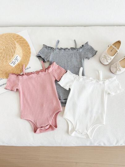SHEIN LMoss Kids Newborn Baby Girl Casual Cute Minimalist Knit Solid Color Off-Shoulder Short Sleeve Romper 3pcs Set