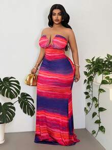 Maweii Vestido camisola de mujer talla grande con estampado degradado de puesta de sol y diseño calado, vestido maxi sirena ajustado con cintura ceñida, fruncido y abertura, estilo chica hot europeo & americano, deseo puro sexy, estilo de vacaciones, cita nocturna, vestido de fiesta, atuendo atmosférico, nueva llegada de verano - Morado - Ver 4