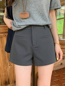 K-Vae Shorts casuais femininos elegantes com bolsos e pernas retas. - Cinza - Ver 1