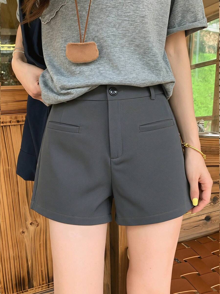 K-Vae Shorts casuais femininos elegantes com bolsos e pernas retas. - Cinza - Ver 1