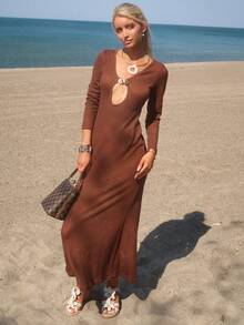 Sydney Algeri 1 Stück Damen Strick Kleid mit V-Ausschnitt, Langarm und Fischschwanz-Silhouette, einfarbig, für Herbst/Winter, Weihnachten, Hochzeit, Cocktailparty, Galaanlässe, Urlaub - Braun - Übersicht 1