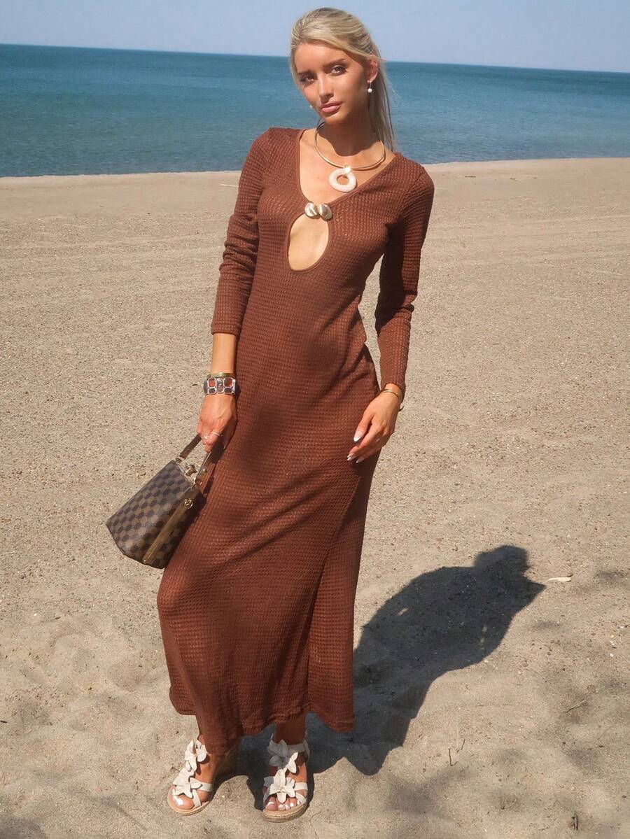 Sydney Algeri 1 Stück Damen Strick Kleid mit V-Ausschnitt, Langarm und Fischschwanz-Silhouette, einfarbig, für Herbst/Winter, Weihnachten, Hochzeit, Cocktailparty, Galaanlässe, Urlaub - Braun - Übersicht 1