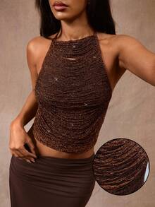 Opulessa Handmade Asymmetrical Crochet Top With Gold Thread Summer, Vacation,Party,Beach Vacation,Summer Top - Coffee Brown - View 1