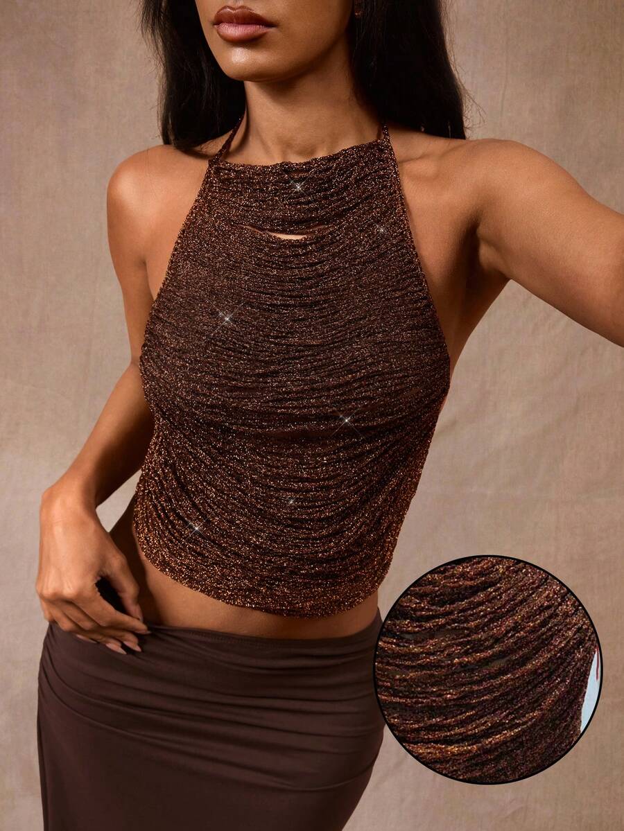 Opulessa Handmade Asymmetrical Crochet Top With Gold Thread Summer, Vacation,Party,Beach Vacation,Summer Top - Coffee Brown - View 1