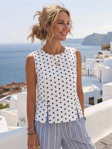 EMERY ROSE Women's Polka Dot Round Neck Casual Versatile Daily Outing Blouse  Summer Polka Dots - White - View 3