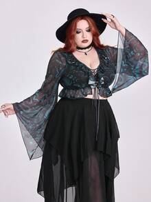 ROMWE Goth Top de malla con estampado floral de piel de serpiente gótico vintage azul con volantes y cintura con lazo para mujeres de talla grande - Azul - Ver 6