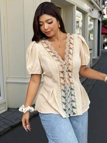 Vionelle Plus Size V-Neck French Retro Elegant Lace Ruched Waist Petal Sleeve Blouse Brunch Wedding Guest Beige Summer - Apricot - View 5