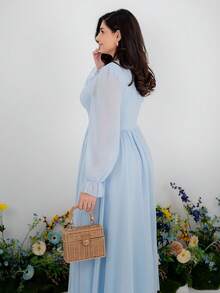 The Leen Edit French Elegant Waist Cinched Summer Dress, Minimalist And Fashionable Fall Cloth For Women - Blue - View 2